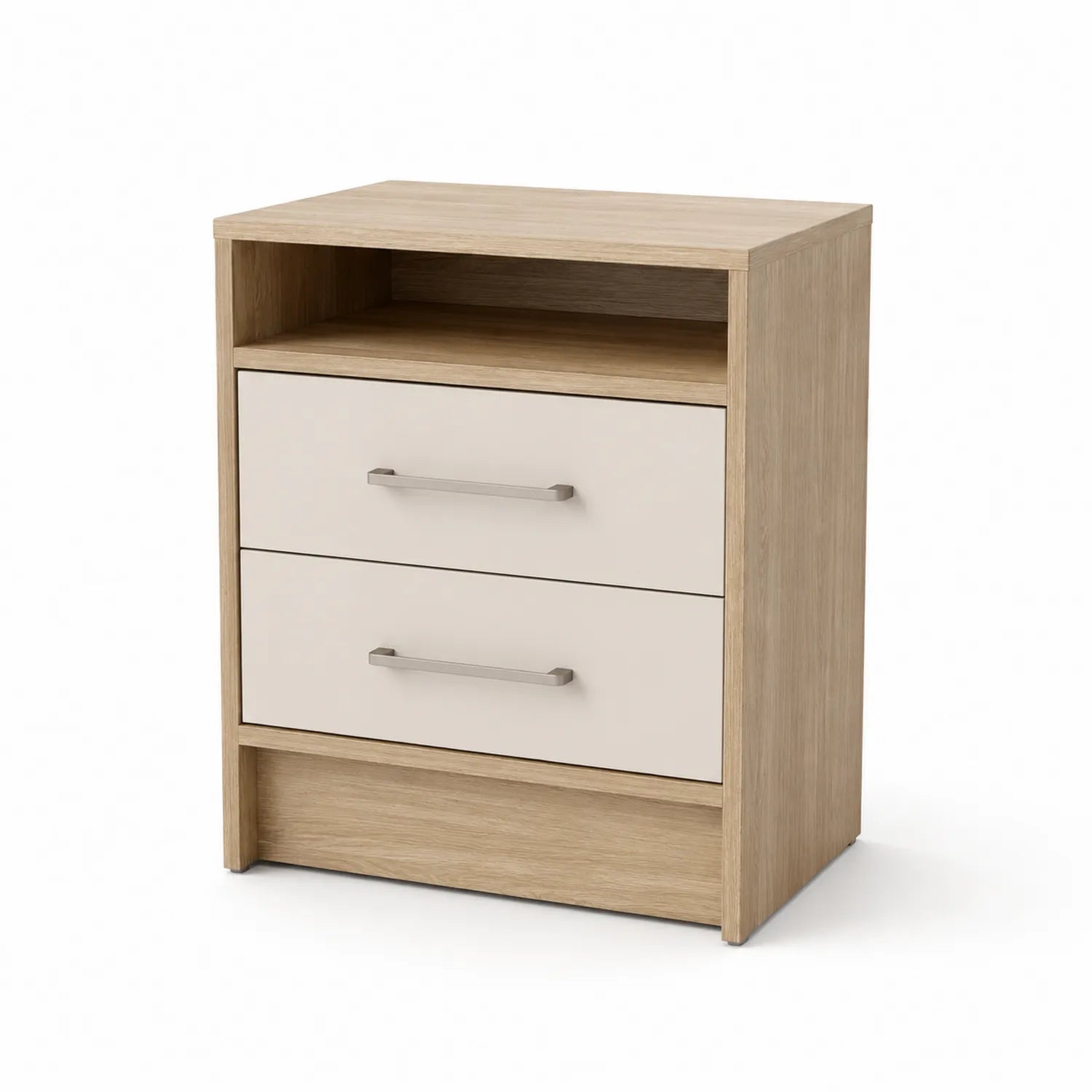 Comodino in MDF effetto rovere con cassetti bianchi