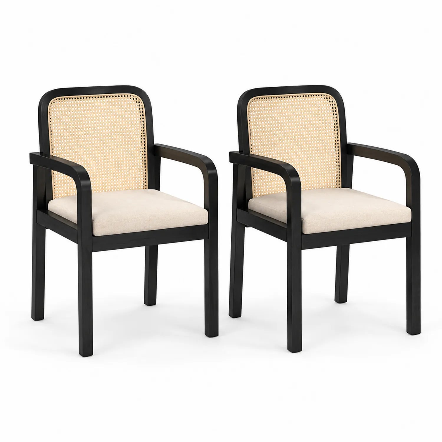 Set di 2 Sedie in Legno con Schienale in Rattan e Cuscino in Tessuto Crema
