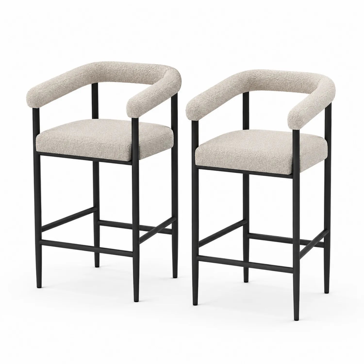 Set di 2 sgabelli in tessuto bouclé con struttura in metallo nero