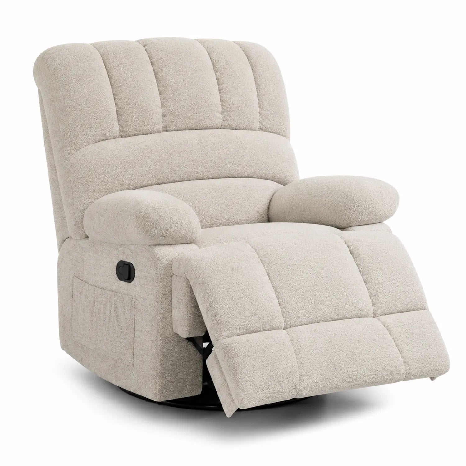 Poltrona reclinabile in bouclé beige con funzione girevole e poggiapiedi