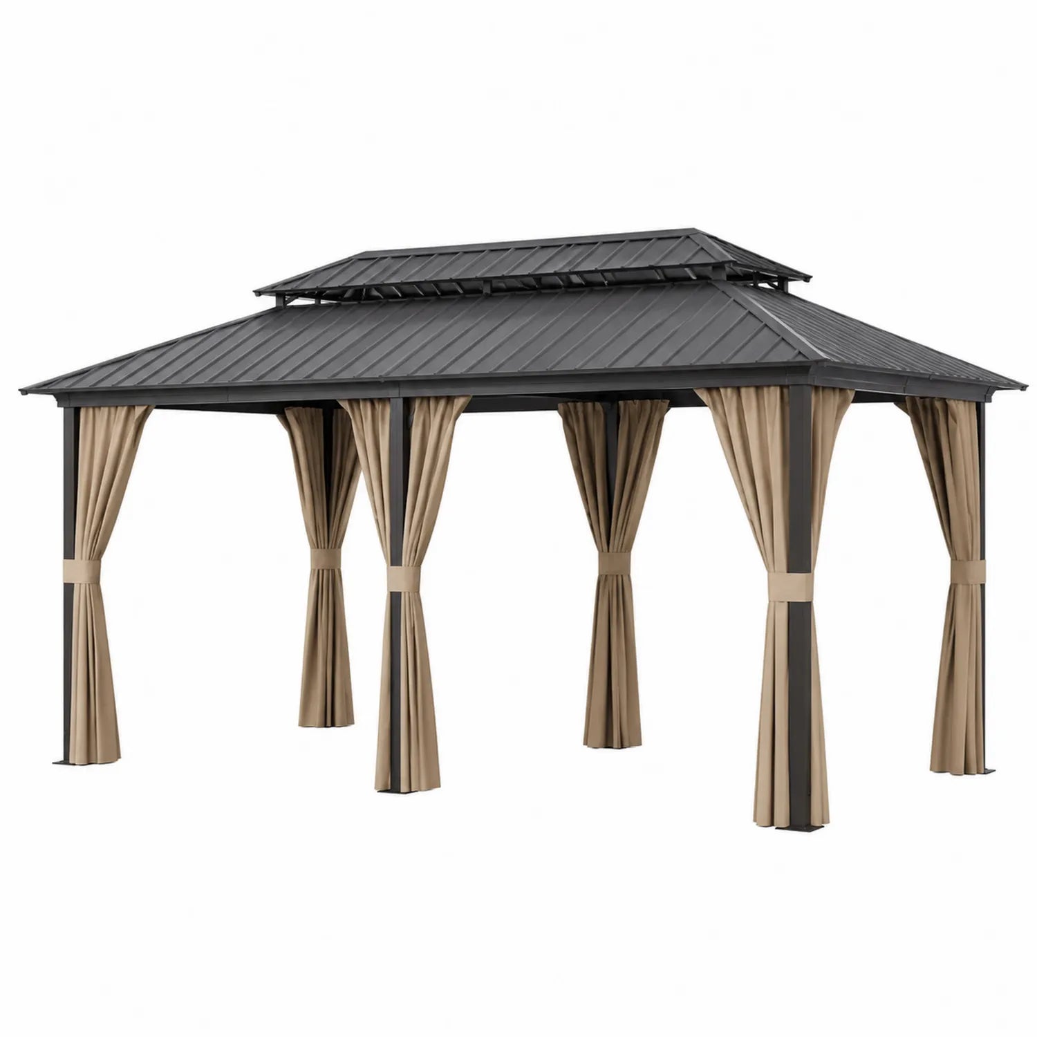 Gazebo in metallo nero con tende in poliestere beige
