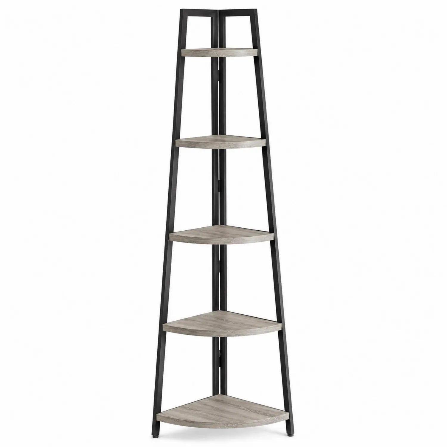 Scaffale Angolare a 5 Ripiani in Metallo Nero e Legno Effetto Rovere