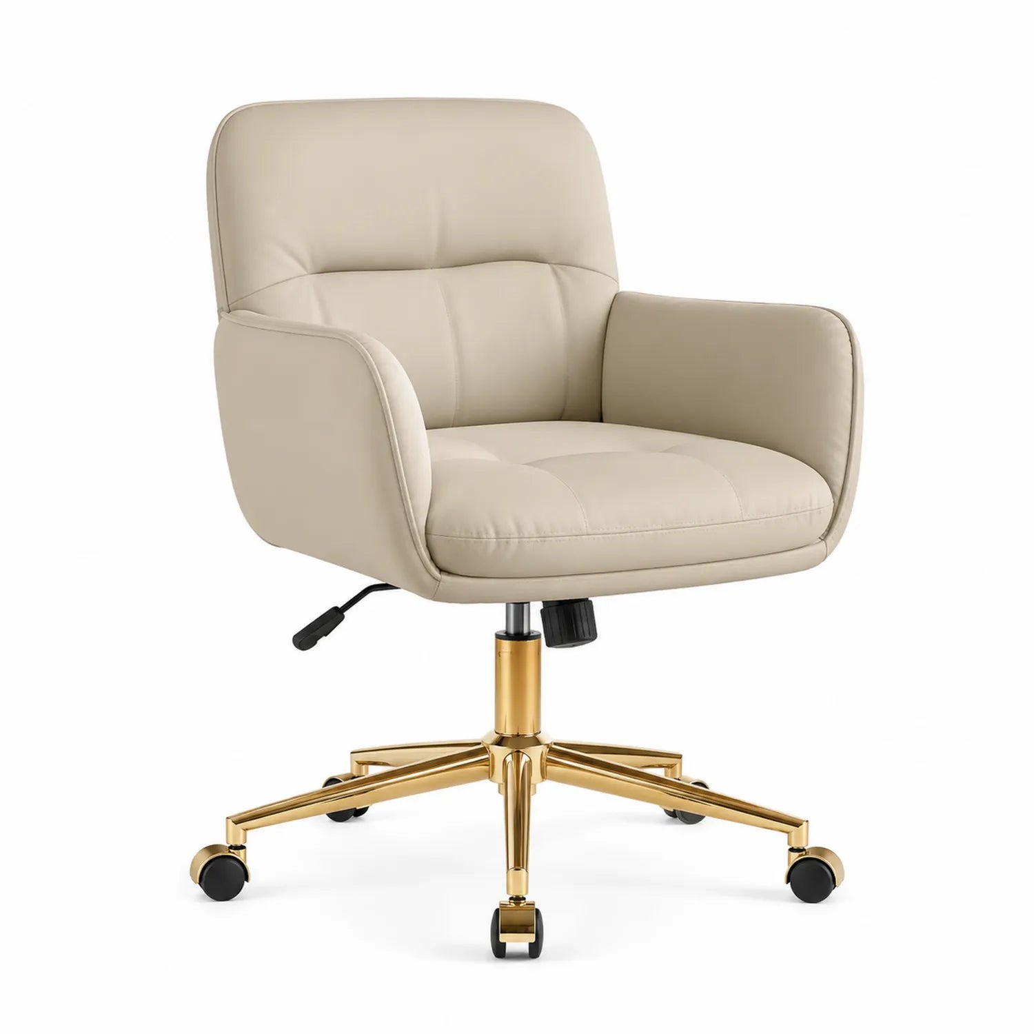 Sedia da ufficio in pelle sintetica beige con base in metallo dorato