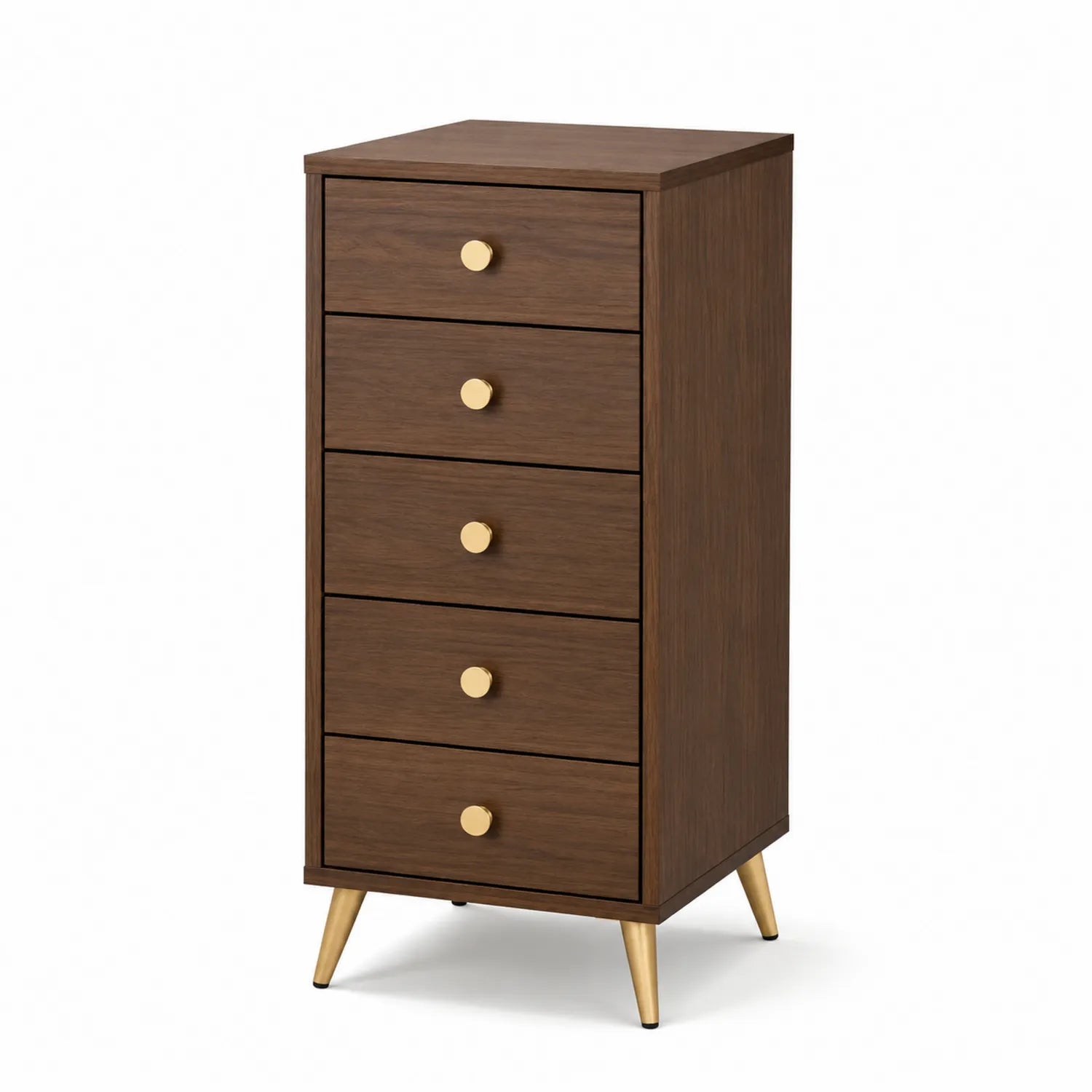 Cassettiera a 5 cassetti in MDF marrone con maniglie in metallo dorato