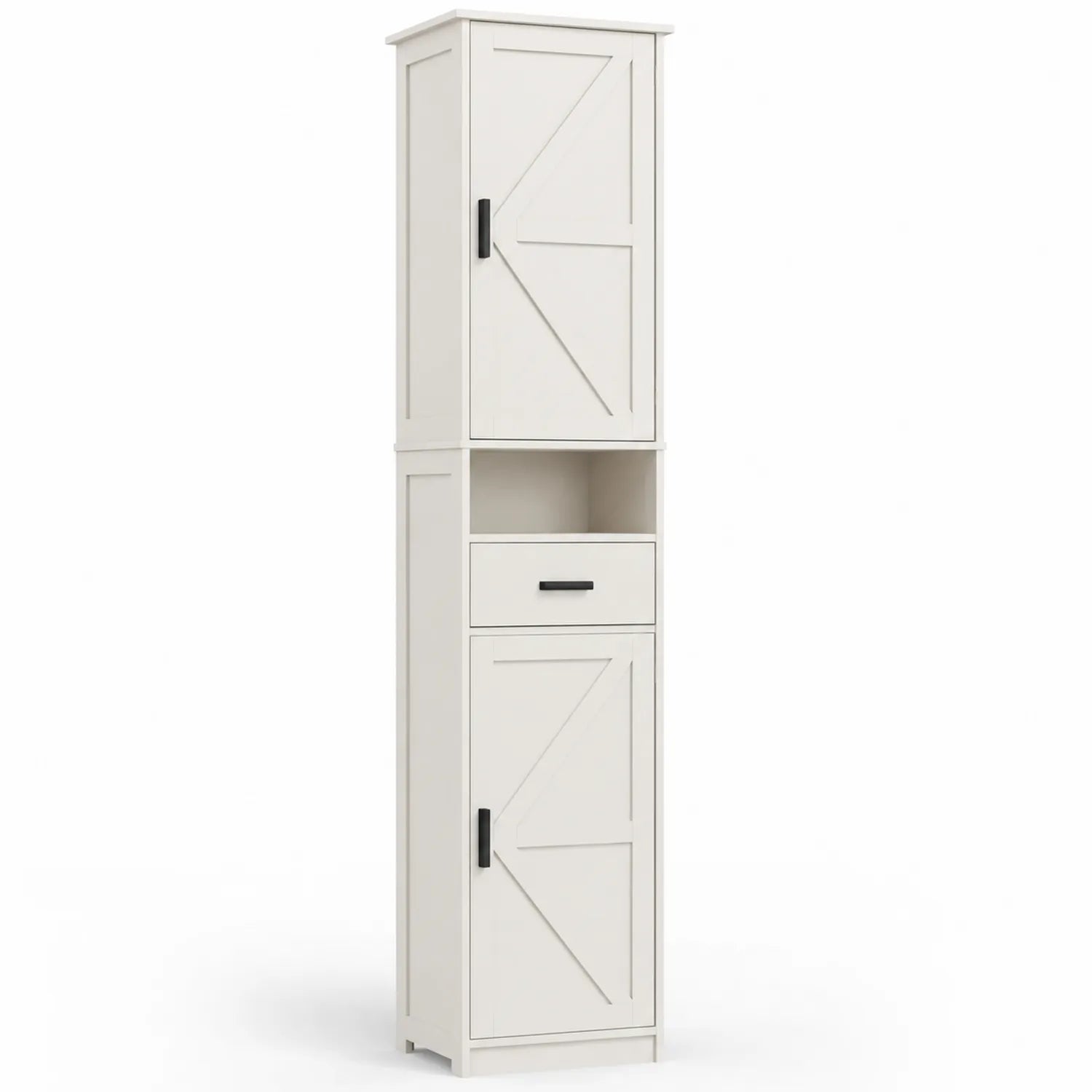 Armadio Alto a Colonna in Legno MDF Bianco con Ante e Cassetto