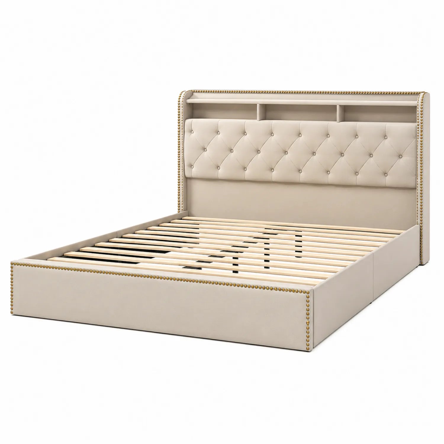Letto Matrimoniale in Legno con Testiera in Ecopelle Beige 200x160 cm