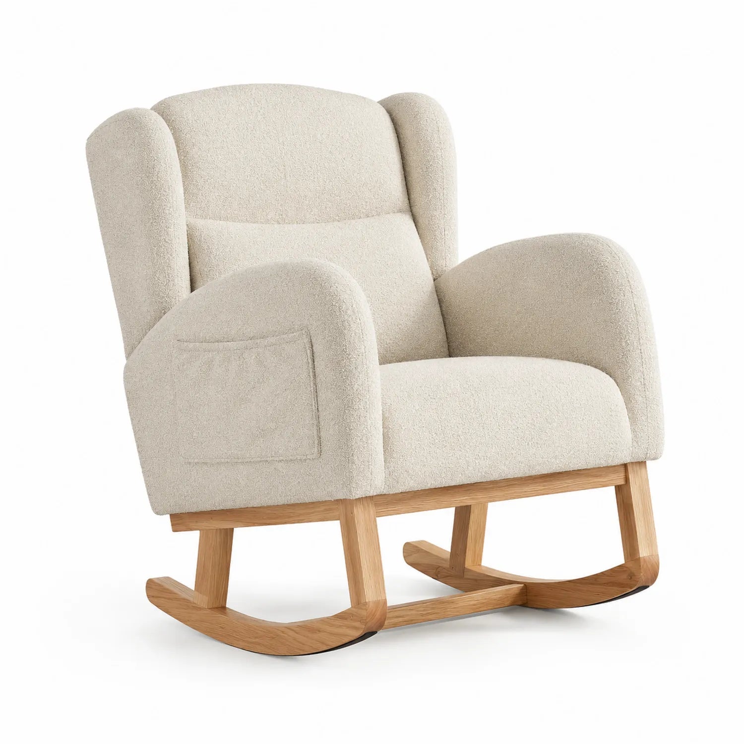 Sedia a Dondolo in Legno e Tessuto Bouclé Crema
