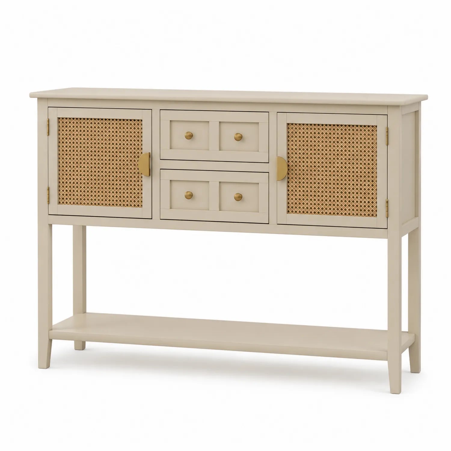 Credenza rettangolare in legno di pino con ante in rattan Beige