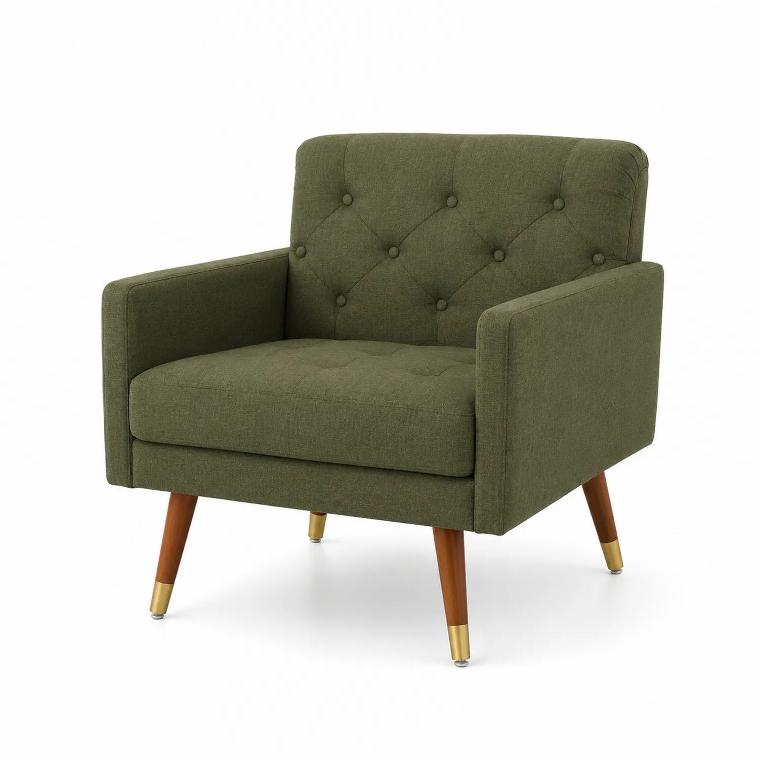 Poltrona in tessuto verde con gambe in legno