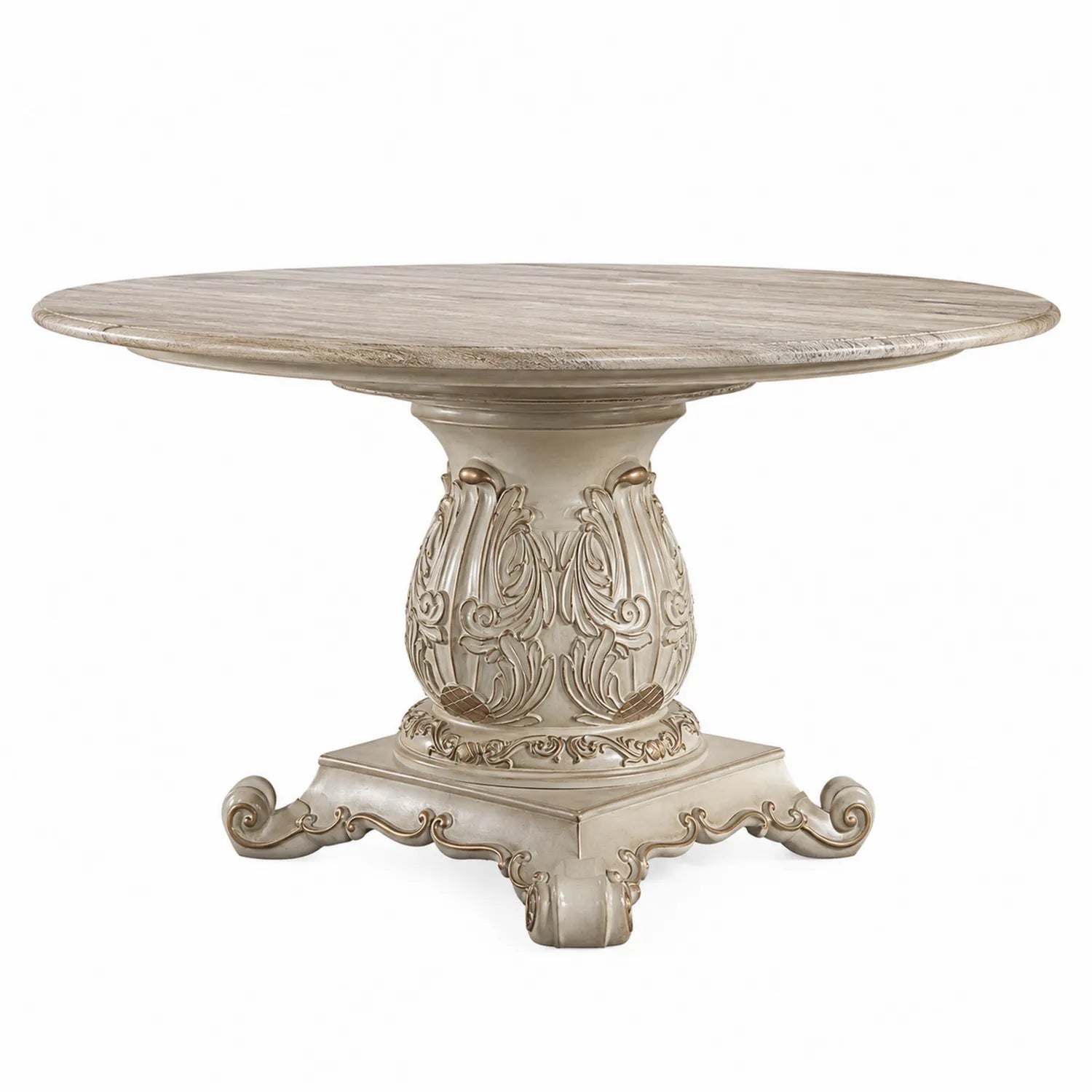Tavolo da pranzo rotondo in legno intagliato con base decorativa