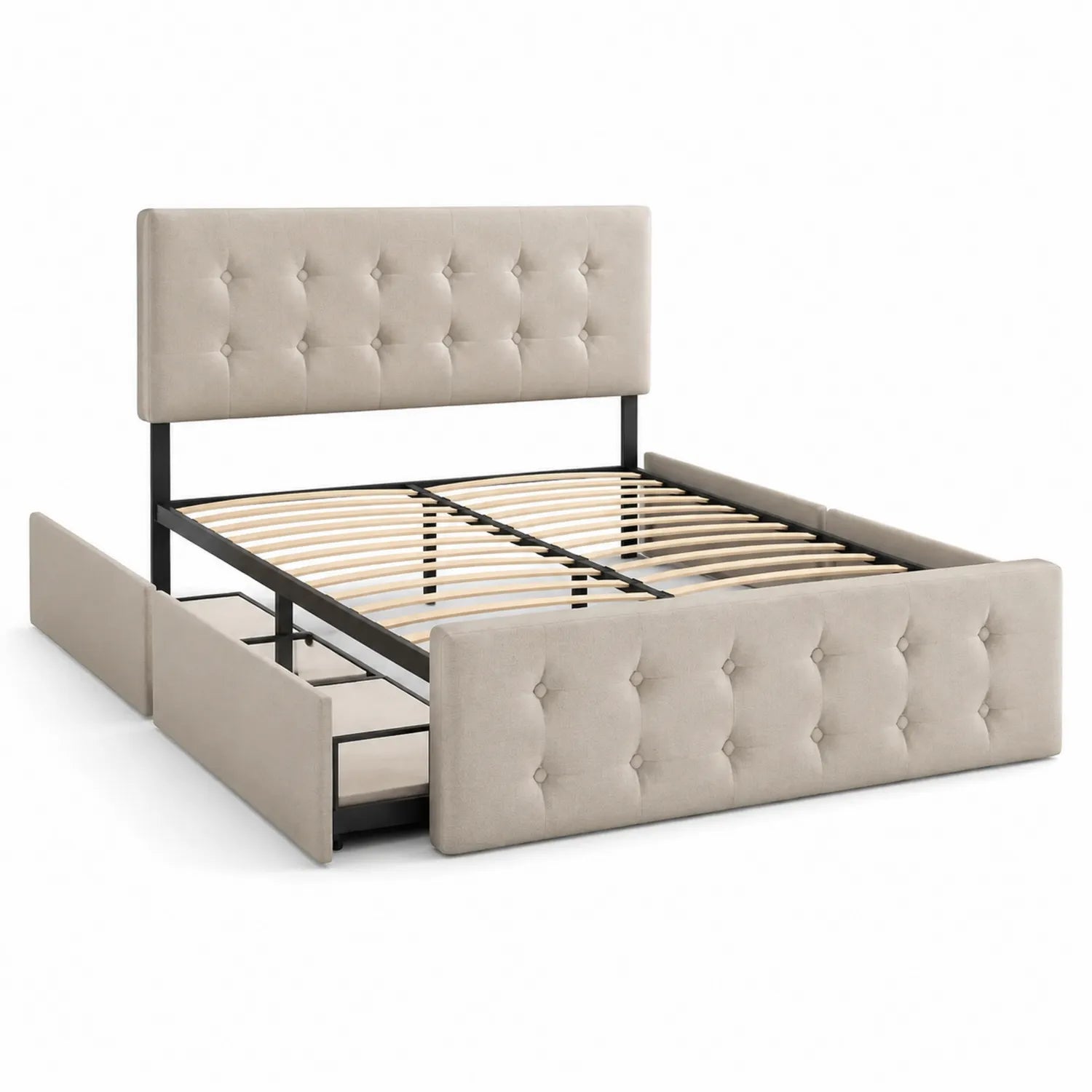 Letto matrimoniale beige con struttura in metallo e contenitore