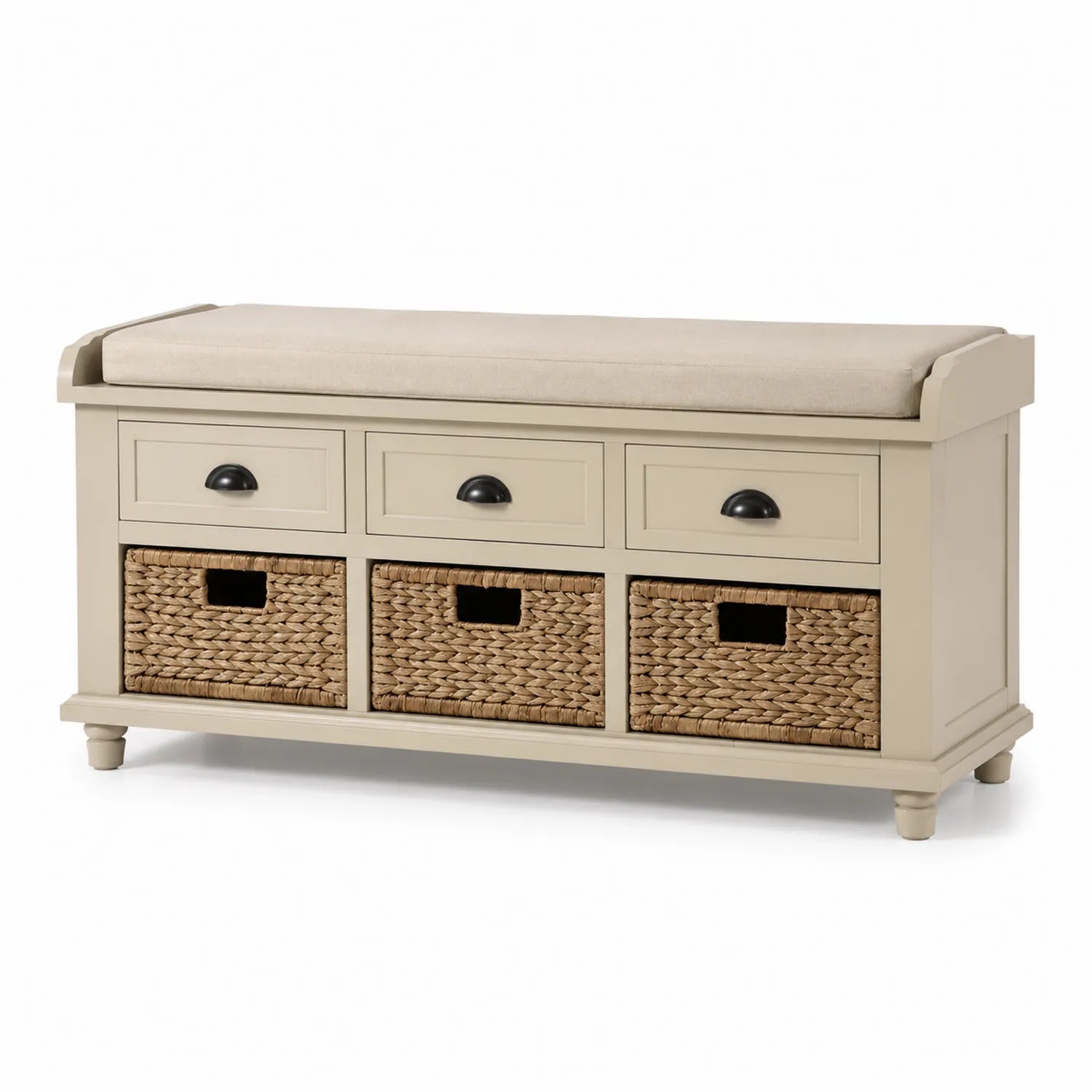 Panca in legno con cuscino e cestini intrecciati beige