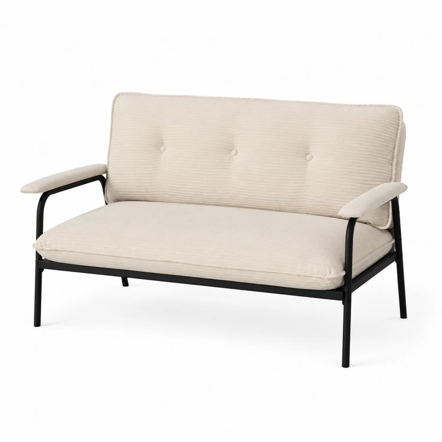 Divano due posti in tessuto beige a coste con struttura in metallo