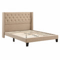 Letto Matrimoniale in Legno e Tessuto Beige con Testiera Trapuntata