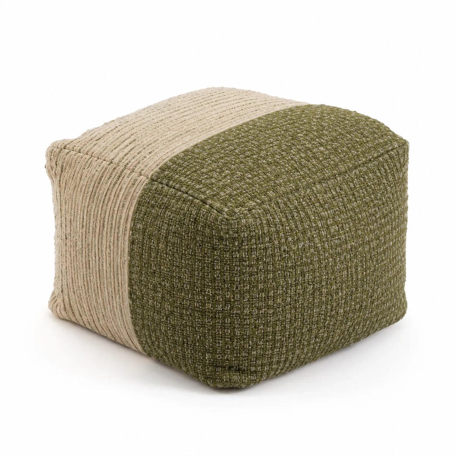 Pouf in tessuto misto cotone verde e beige 40x40x40 cm