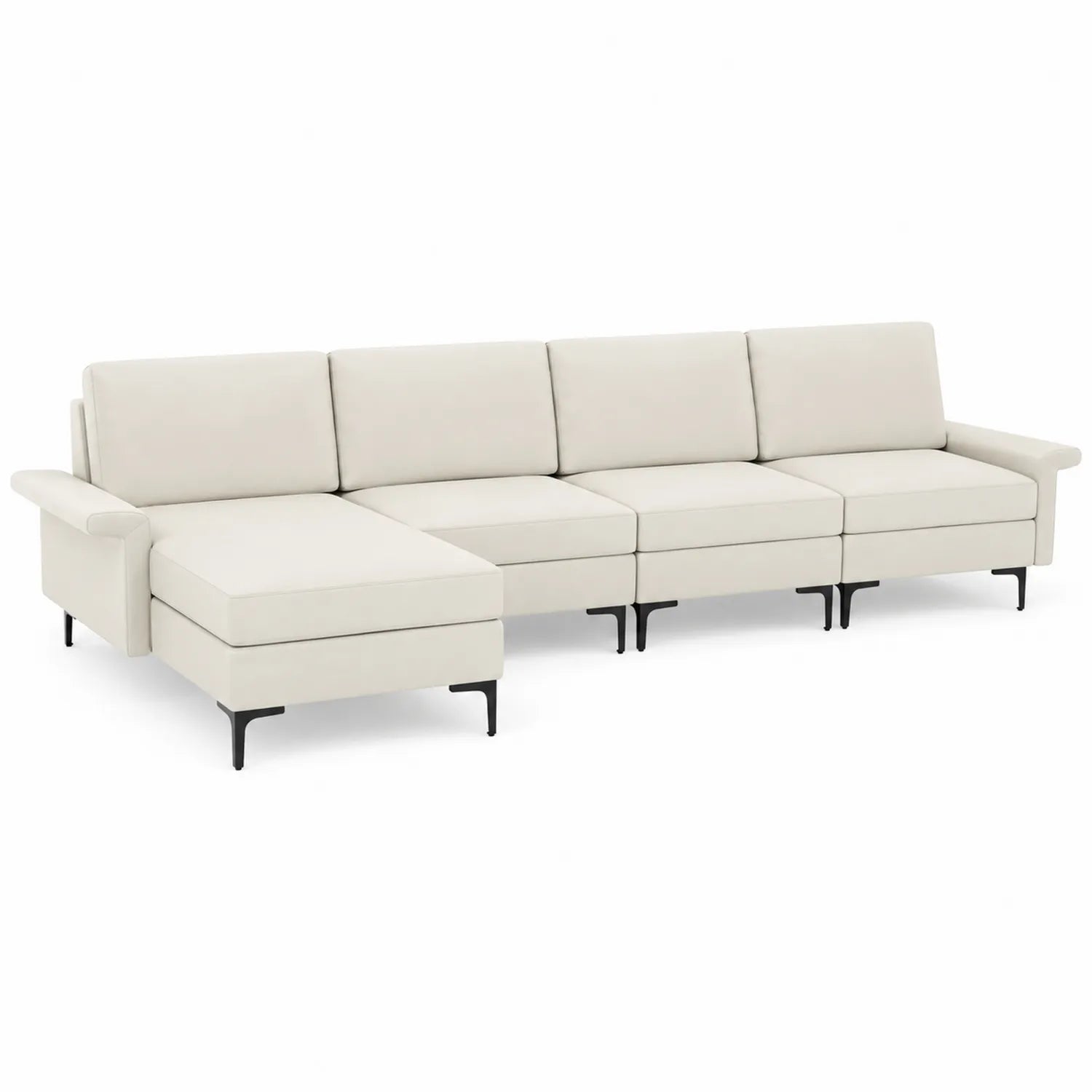 Divano Angolare in Pelle Sintetica Beige con Struttura in Metallo