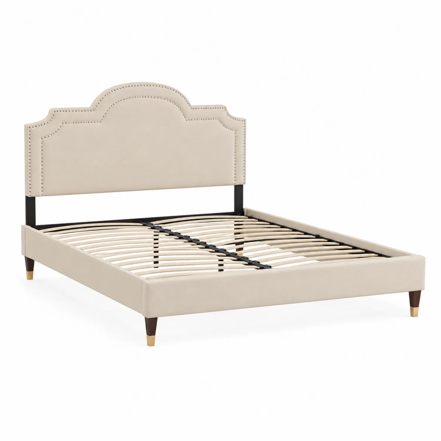 Letto matrimoniale con testiera imbottita in legno e acciaio beige 160x200 cm