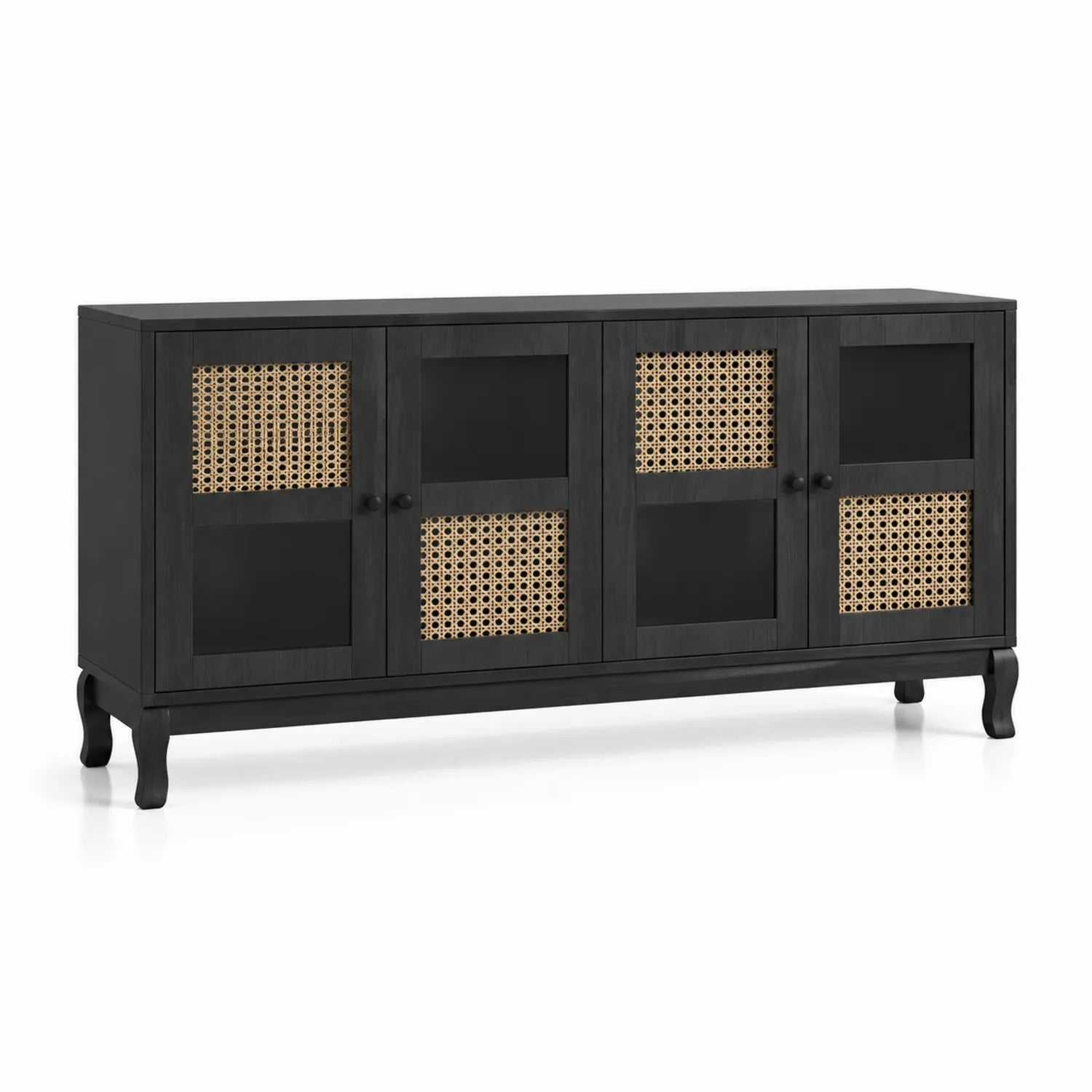 Credenza in Legno e Rattan Nero 4 Ante